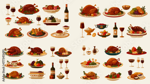 Traditional Thanksgiving dinner illustration featuring roast turkey, wine, and festive dishes. Great for seasonal greeting cards, menu designs, invitations, and holiday decor.