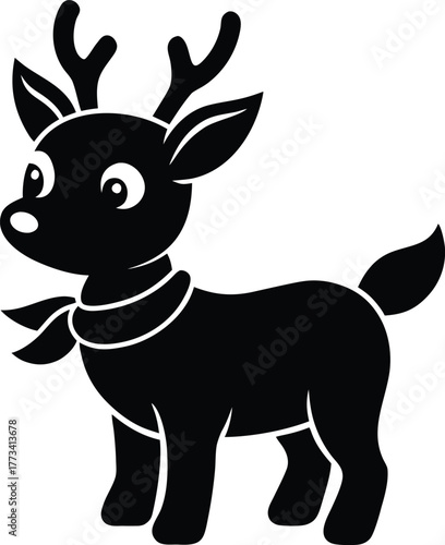 a cute baby reindeer wearing a red scarf  smiling.eps