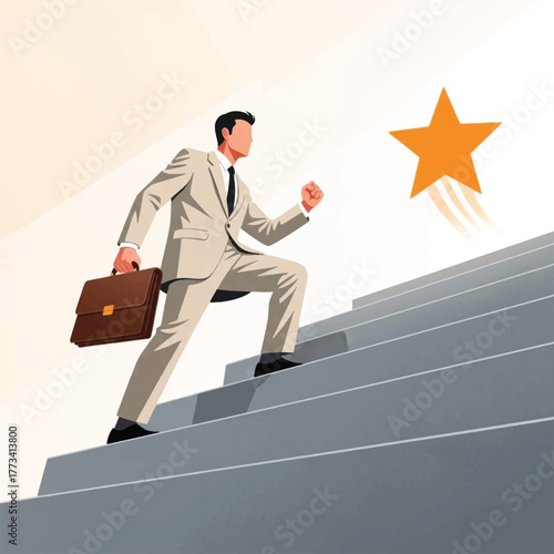 Businessman climbing stairs towards a golden star representing success and achievement