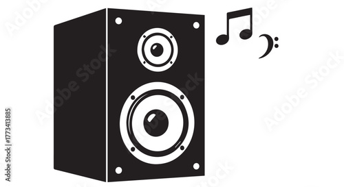 Black speaker icon with musical notes isolated on transparent background