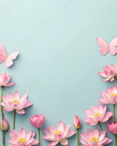 Serene display of lotus flowers and soft pink butterflies on a pale blue background zen-inspired artwork tranquil environment central focus