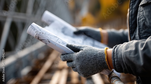 A man is holding a piece of paper and wearing gloves