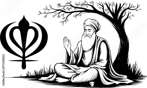 Guru Nanak Dev Ji Sitting Under a Tree - Modern Flat Vector Illustration for Gurpurab and Sikh Spirituality, Guru Nanak Jayanti