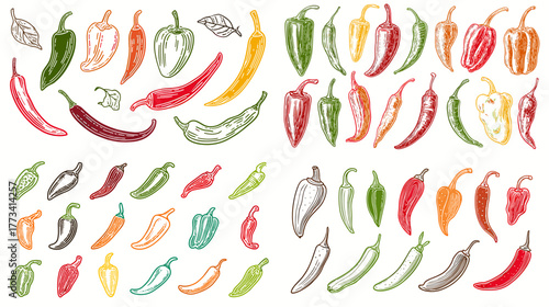 Vibrant hand-drawn chili pepper set in red, green, and yellow tones. Perfect for food packaging, spicy menu design, culinary posters, or botanical illustration projects.