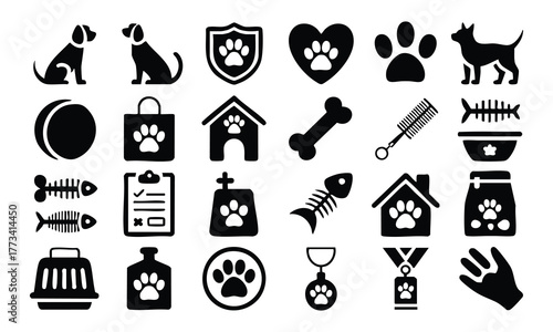 Black and White Pet Care and Dog Icons Set, Veterinary and Pet Supply Glyph Icons, Vector Collection of Dog and Paw Print Icons, illustration, vector, silhouette.