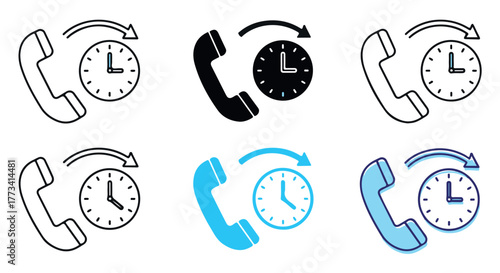 Icons illustrating call duration and time management, featuring phone receivers and clocks in various styles isolated on transparent background
