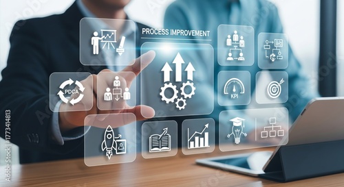 Business Process Improvement Holographic Interface with White Icons and KPI Gauge