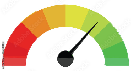 A gauge with a needle indicating a high reading on a colorful scale from red to green isolated on transparent background