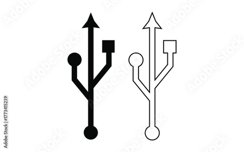 Two universal serial bus usb connection port symbols one solid black and one outlined on a white background isolated on white background