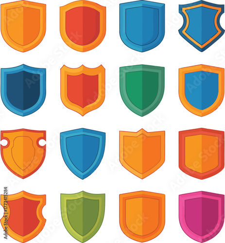 Collection of flat design heraldic shields and crests with vibrant colors