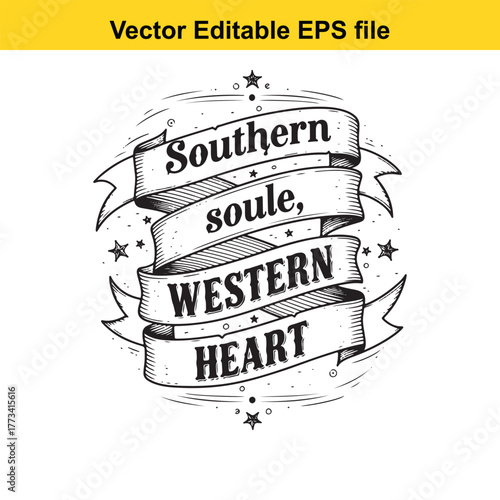 Vector illustration with text southern soul, western heart on banners, surrounded by stars