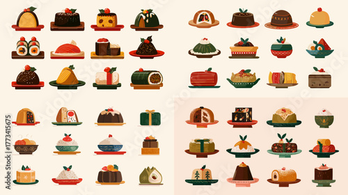 Delicious holiday dessert collection with Christmas puddings, cakes, and sweets. Perfect for festive packaging, bakery branding, and winter celebration design.