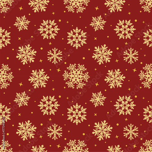 Elegant Christmas Seamless Pattern Vector: Scarlet Red and Gold Snowflakes for Celebration. Dark Red Flat Design for Festive Posters, Gift Boxes, and Promotional Campaigns.
