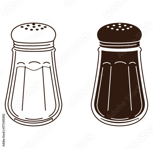 Black and white outlined vector illustration of salt shakers for culinary design elements