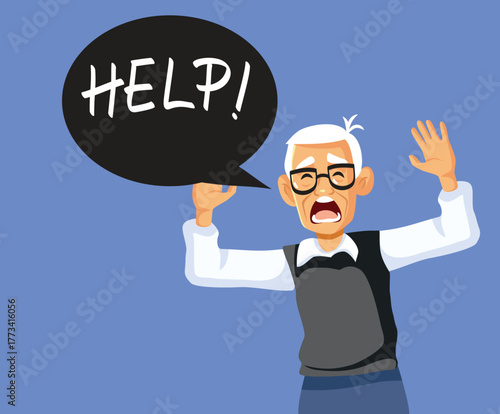 Elderly Man Screaming for Help Vector Cartoon Illustration. vulnerable senior citizen calling for rescue in dangerous situation