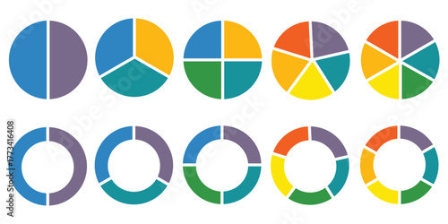  Circle division infographic icon set. Pie chart divided 3,4,5,6 equal parts. Color ring, donut round diagram. Infographic wheel segment and fraction. Vector illustration isolated on white background