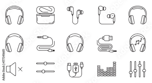 Collection of audio equipment icons including headphones, earbuds, and audio controls isolated on transparent background