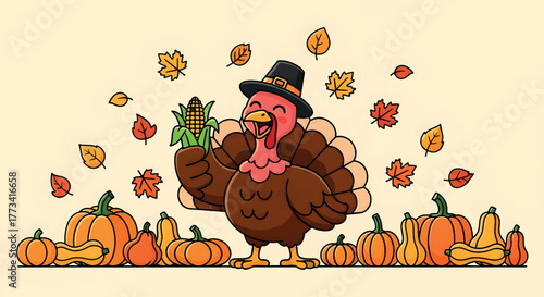 Cartoon Thanksgiving Turkey with Corn, Pumpkins, and Falling Leaves Illustration