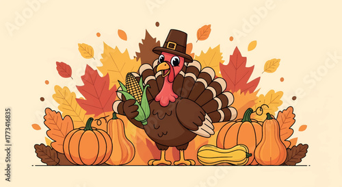 Cute Thanksgiving Turkey with Corn and Pumpkins Cartoon Illustration
