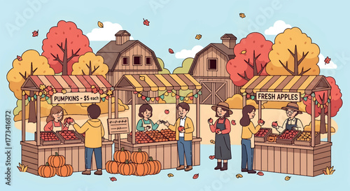 Cartoon Autumn Harvest Market with Pumpkins and Apples Illustration