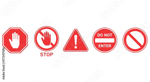 Collection of red traffic and warning signs, isolated on transparent background
