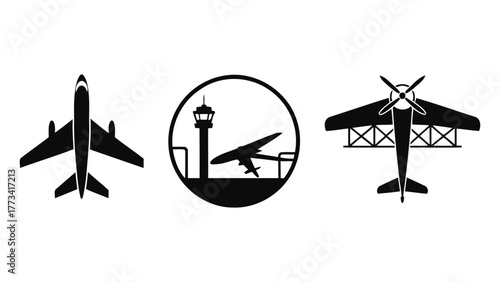 WebAirplane and aviation silhouette icons set with aircraft and control tower isolated on white background