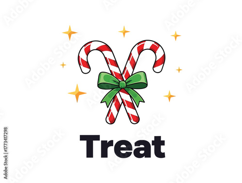A festive illustration depicts two candy canes tied with a green bow and surrounded by golden stars, with the word 'Treat' below.