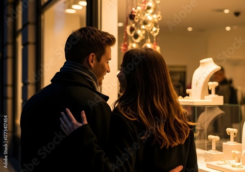 Romantic couple admiring jewelry display in shop window at night