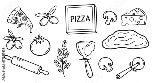 Handdrawn pizza ingredients and tools isolated on transparent background