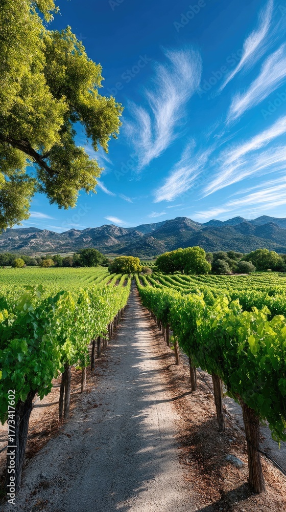 Naklejka premium Vibrant Vineyard Rows Bathed in Golden Sunlight Under a Striking Blue Sky with Wispy Clouds and Distant Mountains