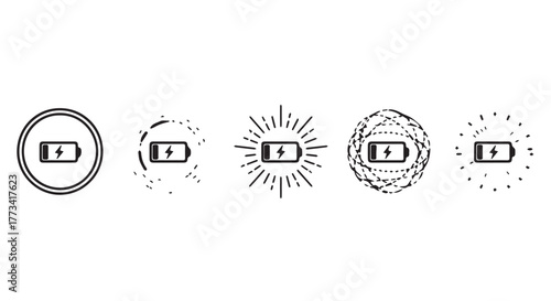 Collection of battery icons with varying levels of charge and decorative elements isolated on transparent background
