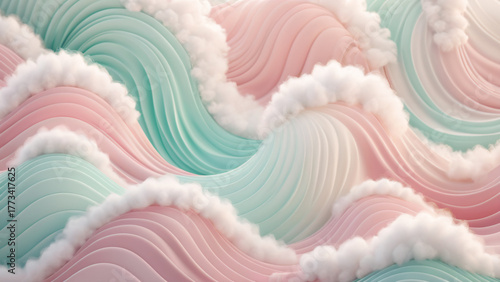 Abstract confectionary landscape: soft, swirling pink and aqua waves topped with marshmallow fluff and creamy texture