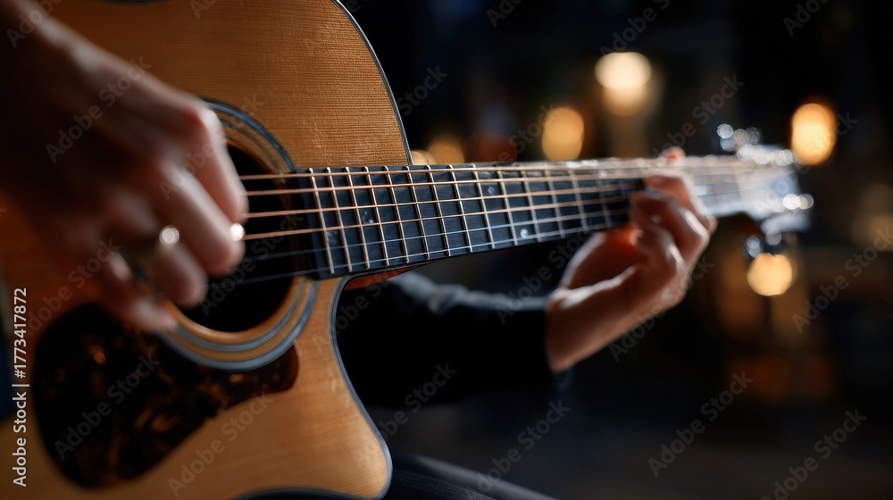 Fototapeta premium A person is playing a guitar with their fingers on the strings