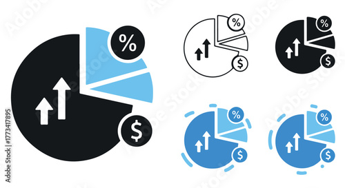 Pie chart showing financial growth with upward arrows and dollar signs, isolated on transparent background