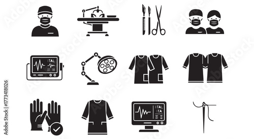 Set of medical surgery icons including surgeons, equipment, and attire, isolated on transparent background