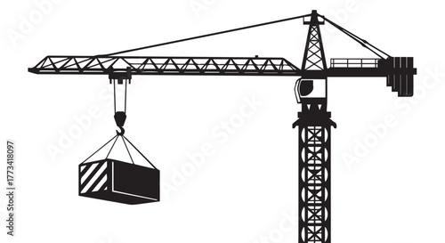 Construction tower crane lifting a heavy load at a building site isolated on transparent background
