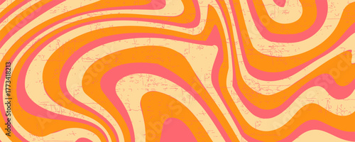 1970 Wavy Swirl Seamless Pattern in Orange and Pink Colors. Hand-Drawn Vector Illustration. Seventies Style, Groovy Background, Wallpaper, Print. Flat Design, Hippie Aesthetic.