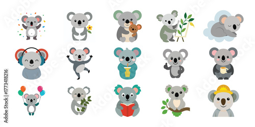 Collection of adorable cartoon koalas in various poses and activities with white background