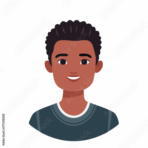 Portrait of a smiling young Black man with dark curly hair and a grey crew neck shirt