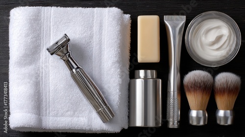 A collection of grooming items including a razor, shaving brush