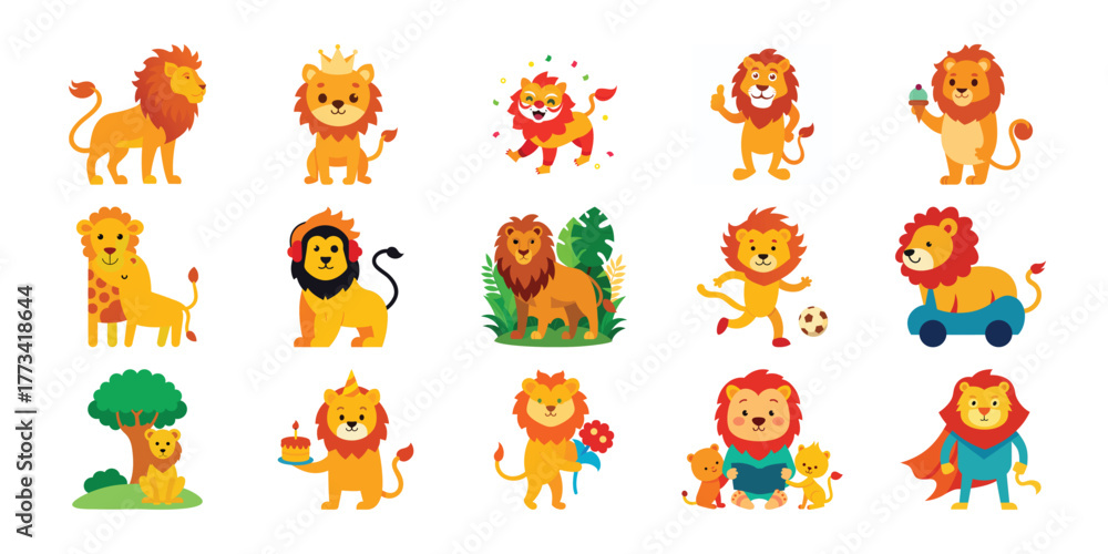 Obraz premium Collection of cute cartoon lions in various poses and outfits for childrens designs