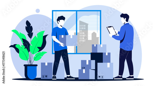 Illustration of two men are moving boxes into a new home isolated on white background