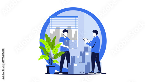 Illustration of two men are moving boxes into a new home isolated on white background