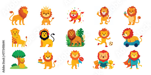 Collection of cute cartoon lions in various poses and outfits for childrens designs