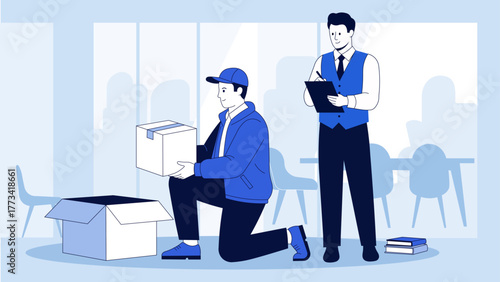 Illustration of delivery man kneeling with box isolated on white background