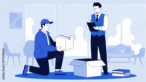 Illustration of delivery man kneeling and holding box while supervisor takes notes at home