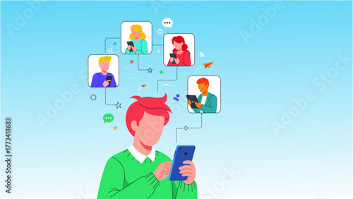 Illustration of man using smartphone for social media network and connecting with other people