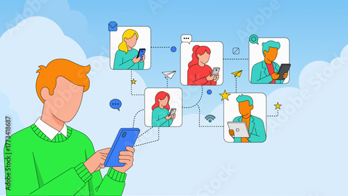 Illustration of man using smartphone for social media network and connecting with other people