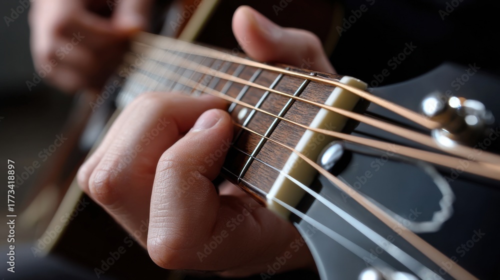 Fototapeta premium A person is playing a guitar, and the image conveys a sense of relaxation