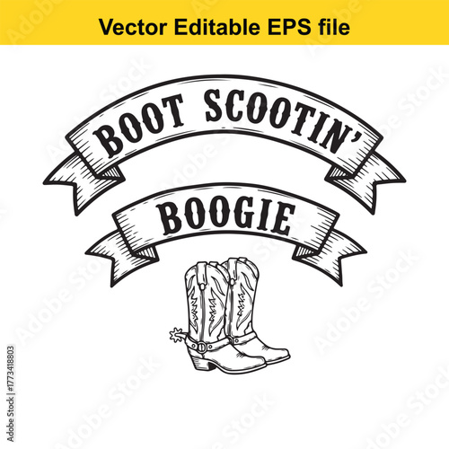 Boot scootin boogie text with cowboy boots illustration